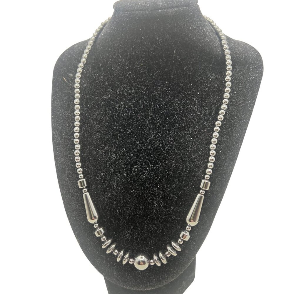 Hematite Bead Necklace 18" Gunmetal Gray Gemstone Graduated Beads Modern Unisex